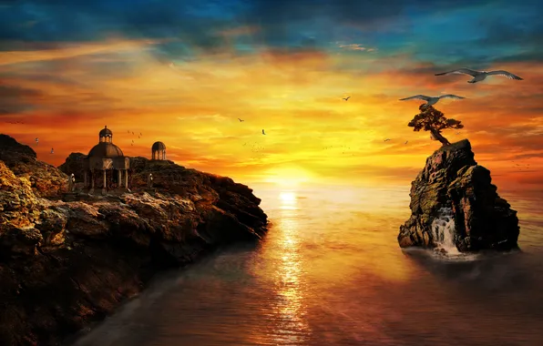 Sea, the sky, the sun, trees, flight, sunset, fiction, bird