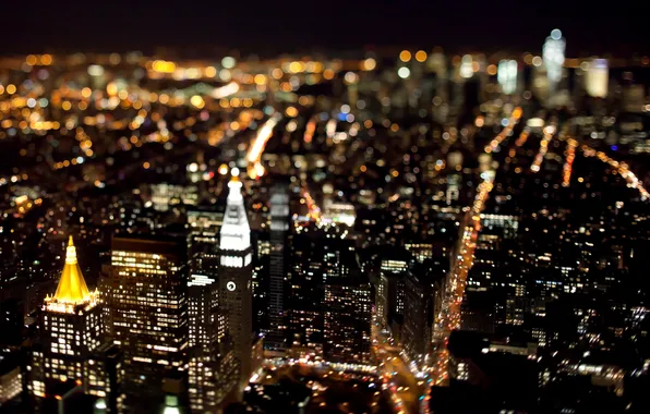 Night, the city, lights, building, road, New York, skyscrapers, panorama