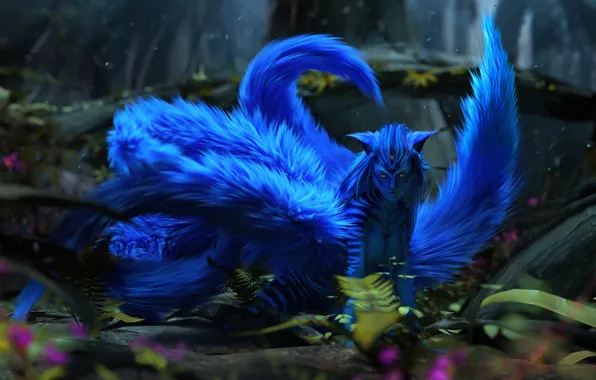Girl, Being, Blue, Cat, Forest, Girl, Fantasy, Art