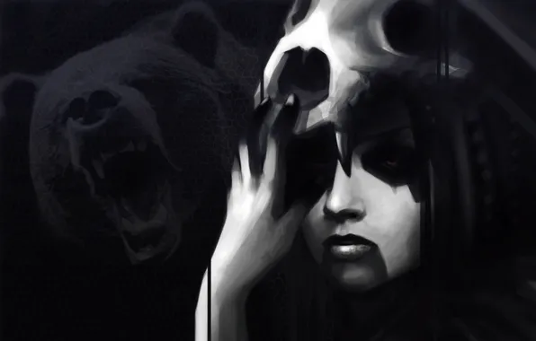 Picture skull, Girl, bear