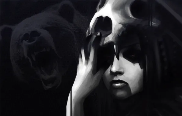 Picture girl, skull, bear