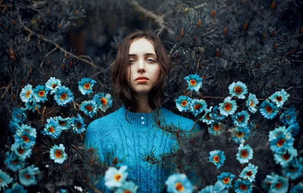 Girl, forest, blue, flowers, needles, Ronny Garcia