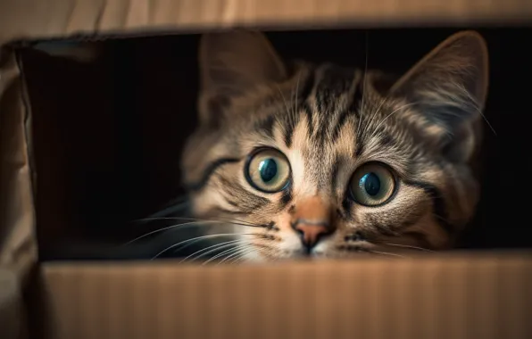 Cat, look, pose, the dark background, kitty, grey, box, portrait