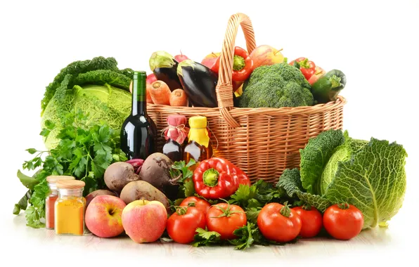 Picture GREENS, BOTTLE, BASKET, RED, PEPPER, TOMATOES, CUCUMBERS, CARROTS