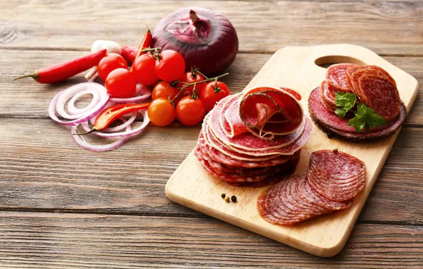 Board, pepper, vegetables, tomatoes, sausage, tomatoes, sausage