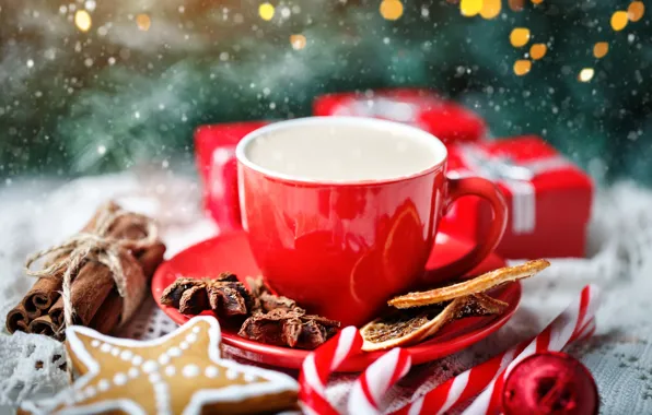 Winter, new year, coffee, Cup, gifts, cinnamon, spices, Nyuraus