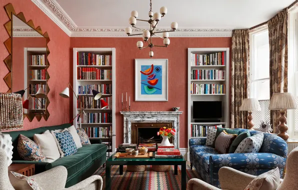 Design, style, interior, fireplace, library, upholstered furniture, pink wall, cozy living room
