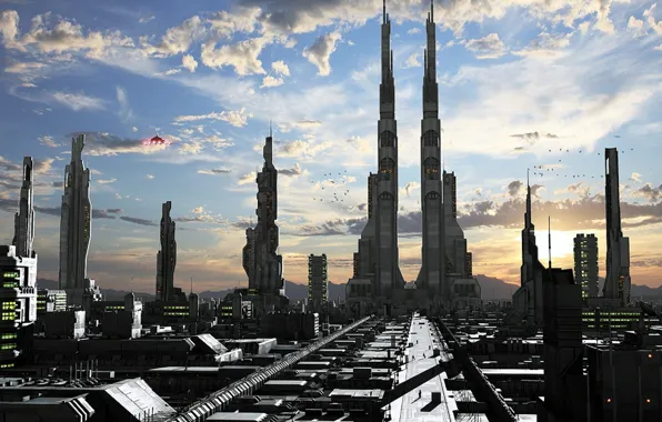 City, lights, sky, clouds, birds, spaceship, shadows, twin towers