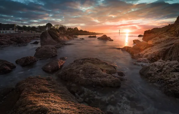 Sea, the sun, clouds, light, sunset, stones, rocks, shore