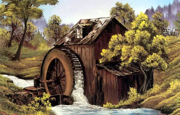 Water, river, stream, tree, the building, picture, wheel, mill