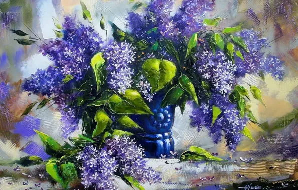 Leaves, flowers, bouquet, picture, vase, still life, painting, lilac