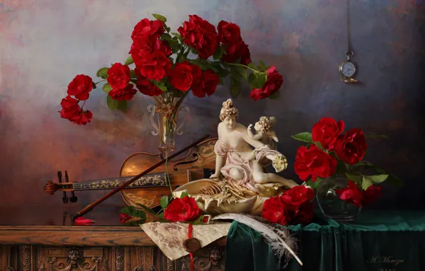 Letter, flowers, style, pen, violin, roses, figurine, still life