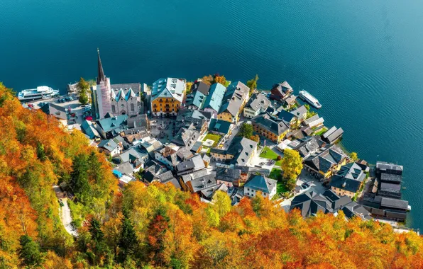 Picture road, trees, autumn, lake, village, Austria, Hallstatt, aerial view