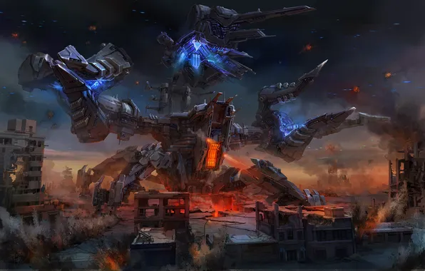 Picture the wreckage, the city, weapons, robot, art, ruins, fur, shots