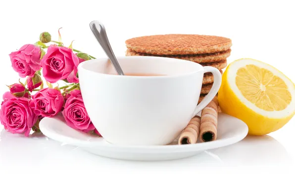 Picture lemon, roses, cookies, Cup of tea