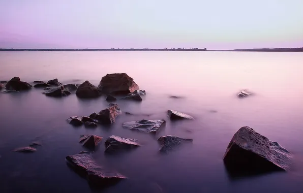 Water, nature, fog, stones, the evening, morning