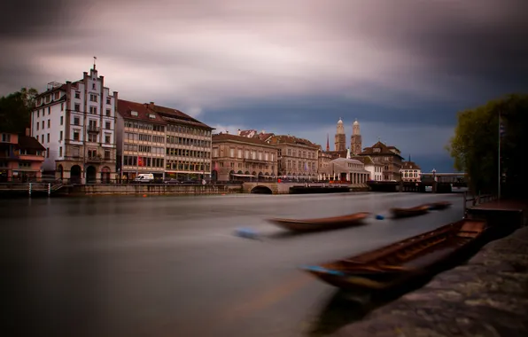 Bridge, river, home, blur, boats, Switzerland, Zurich