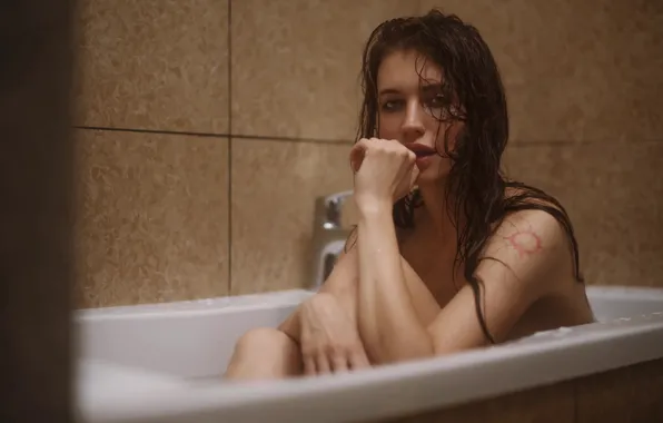 Picture hair, Girl, wet, tattoo, bathroom, Elizabeth, Andrey Firsov, Andrey Firsov