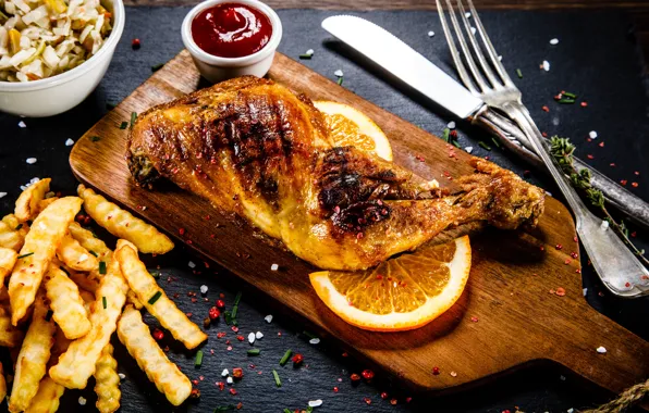 Picture food, meat, sauce, French fries, cutting Board, chicken leg, baked
