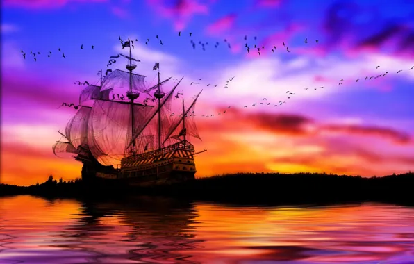 Sea, the sky, birds, ship, sails, calm