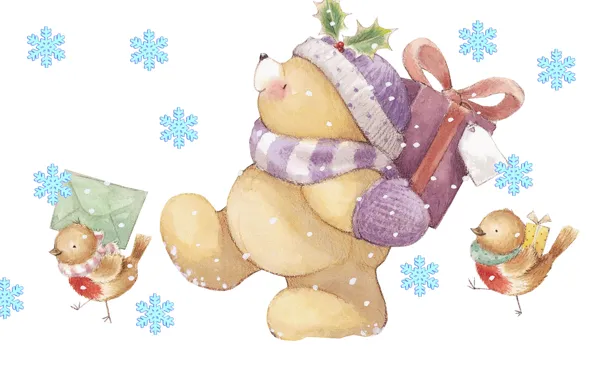 Picture winter, letter, snowflakes, mood, holiday, gift, art, bear, New year, birds, children's, Forever Friends Deckchair …