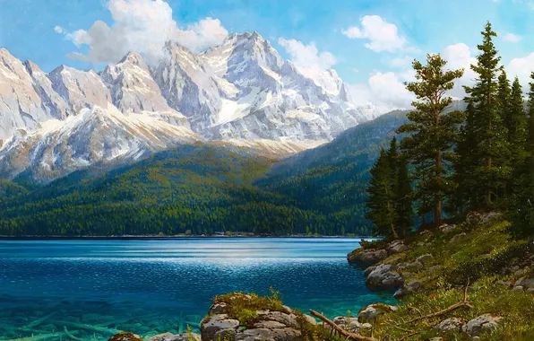 Mountains, Trees, River, Picture, Landscape, German artist, Rudolf Reschreiter, Rudolf Reschreiter