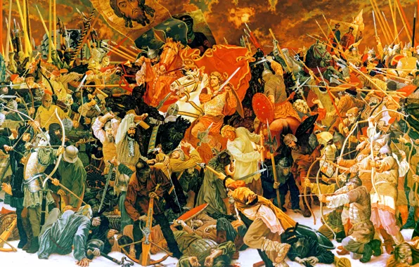 Picture, The battle, Warriors, Russian, Knights, Alexander Nevsky, Sergey Prisekin, Soviet and Russian painter