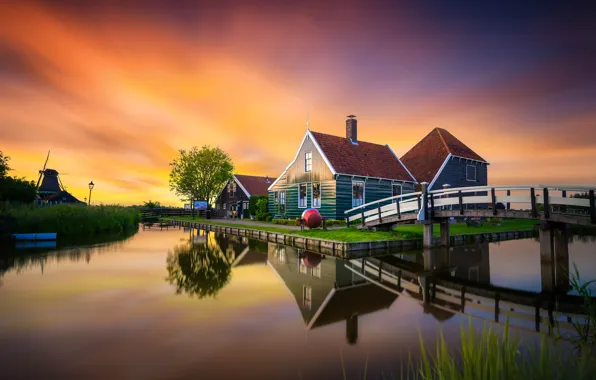 Sunset, bridge, reflection, home, mill, channel, Museum, Netherlands