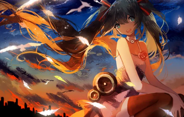 The sky, girl, clouds, sunset, anime, feathers, art, vocaloid