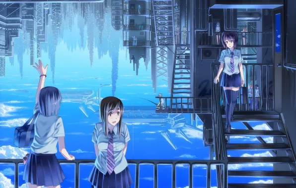 Picture clouds, reflection, girls, anime
