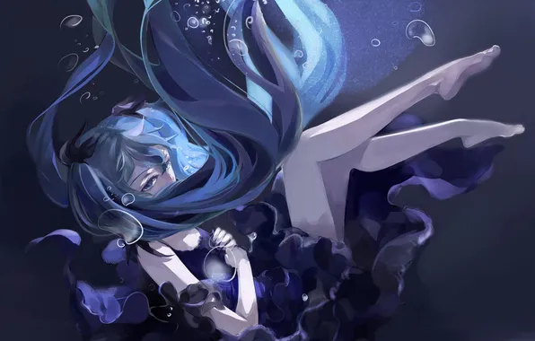 Girl, bubbles, anime, art, vocaloid, hatsune miku, under water, shinkai shoujo