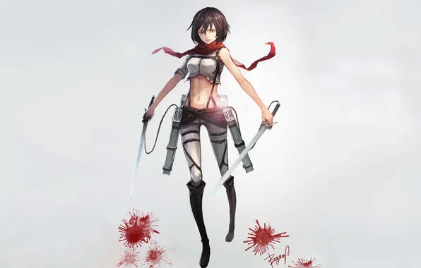 Picture chest, look, girl, weapons, anger, scarf, gesture, swords