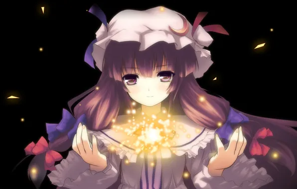 Picture girl, magic, a month, art, bows, cap, touhou, patchouli knowledge