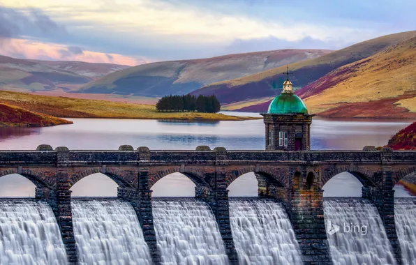 Picture the sky, trees, bridge, river, tower, dam, Wales, Elan Valley