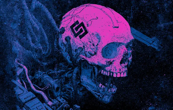 Noise, neon, cyberpunk, digital art, cyber, cyborg, cables, purple background