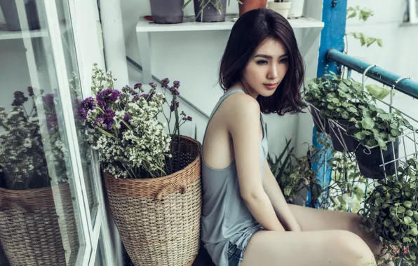 Picture girl, flowers, balcony, Asian