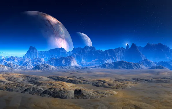 The sky, space, stars, surface, light, mountains, night, nature