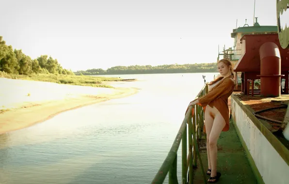 Girl, grass, sexy, river, erect nipples, red hair, long hair, dress