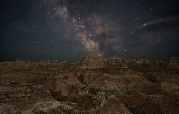The sky, stars, clouds, mountains, night, rocks, desert, the slopes