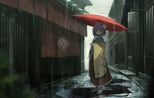 Rain, home, umbrella, girl, puddles, kimono, street, Touhou