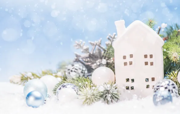 Balls, snow, holiday, Christmas, New year, house, needles, blue background