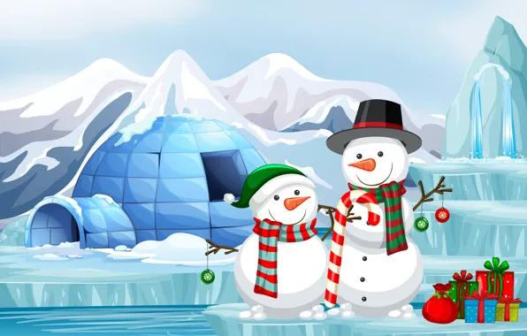 Winter, Snow, Smile, Christmas, New year, Two, Gifts, Snowmen
