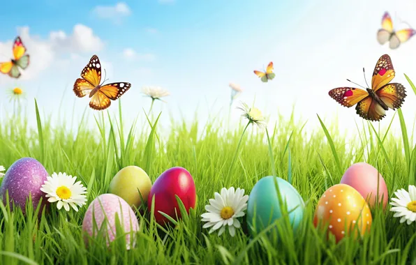 Picture flowers, eggs, spring, colorful, Easter, happy, flowers, spring