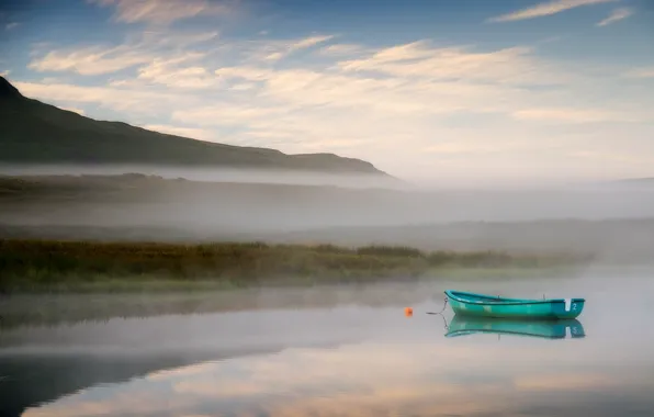 Picture landscape, fog, lake, boat, morning