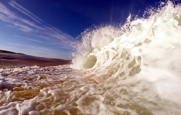 Sea, wave, the sky, clouds, squirt, shore