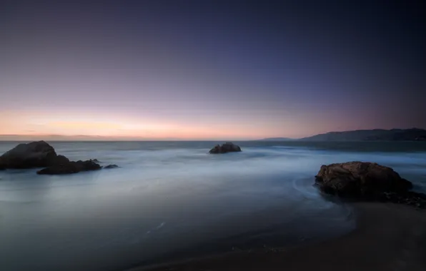 Beach, the sky, clouds, stones, the ocean, dawn