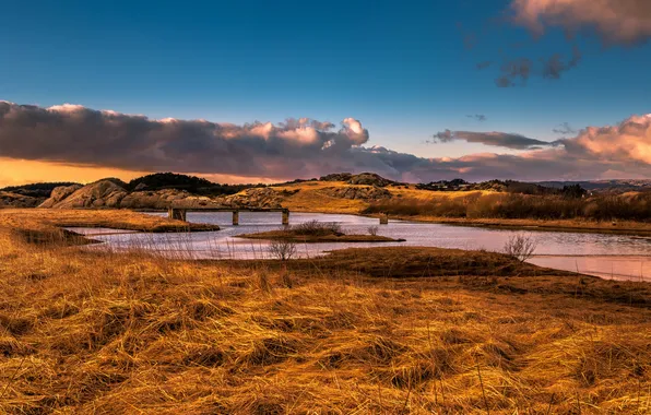 Autumn, bridge, river, hills, destroyed