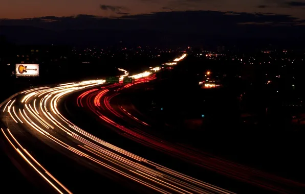 Picture the sky, the city, lights, twilight, freeway