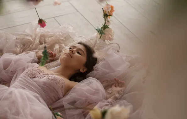 Look, girl, flowers, room, roses, hands, dress, pink
