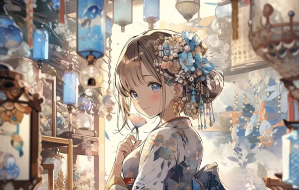 Girl, kimono, blue eyes, lanterns, bangs, suspension, flower in hair, cute